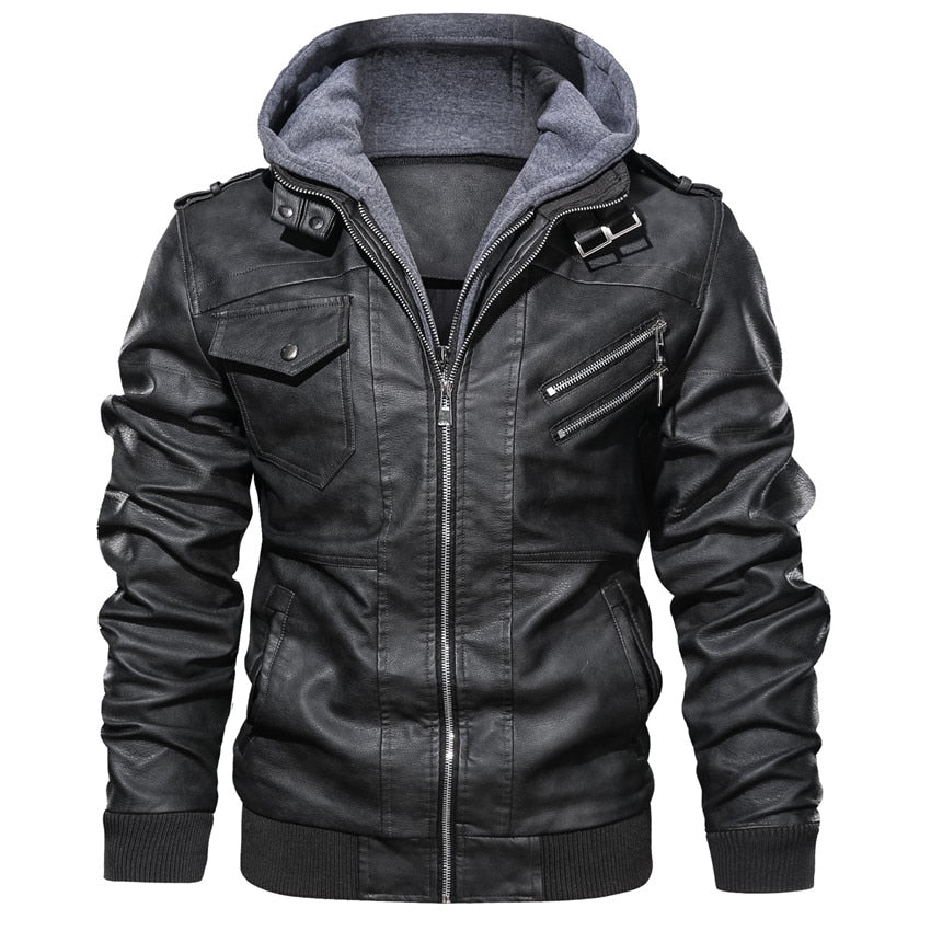 Jaqueta de Couro com Capuz Masculina Casual Motoqueiro