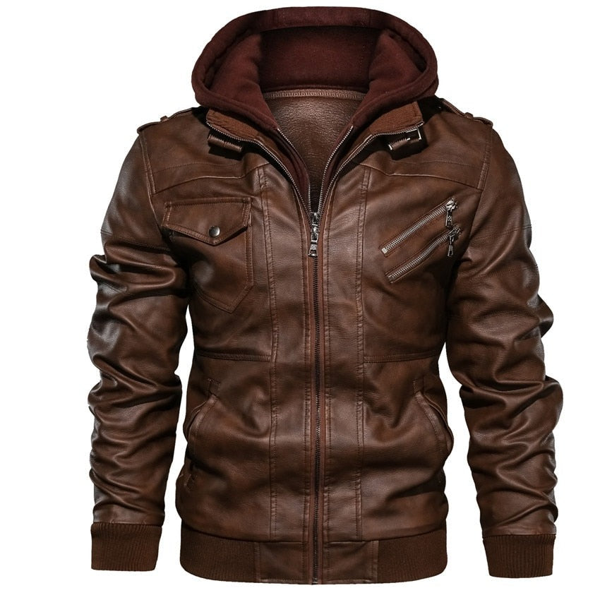 Jaqueta de Couro com Capuz Masculina Casual Motoqueiro