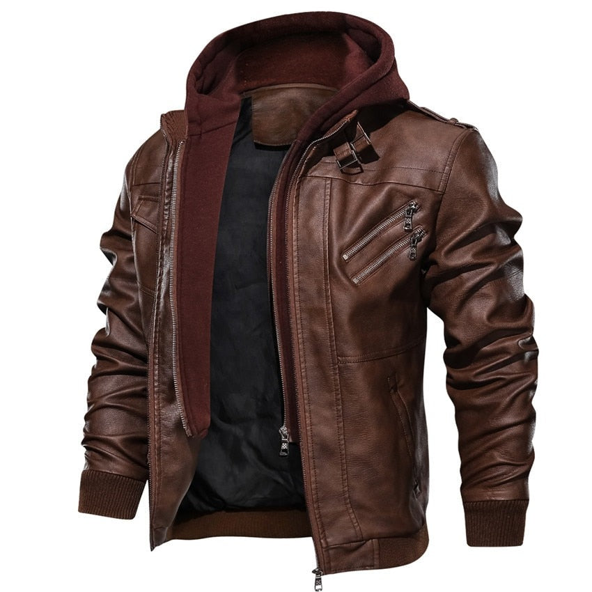 Jaqueta de Couro com Capuz Masculina Casual Motoqueiro