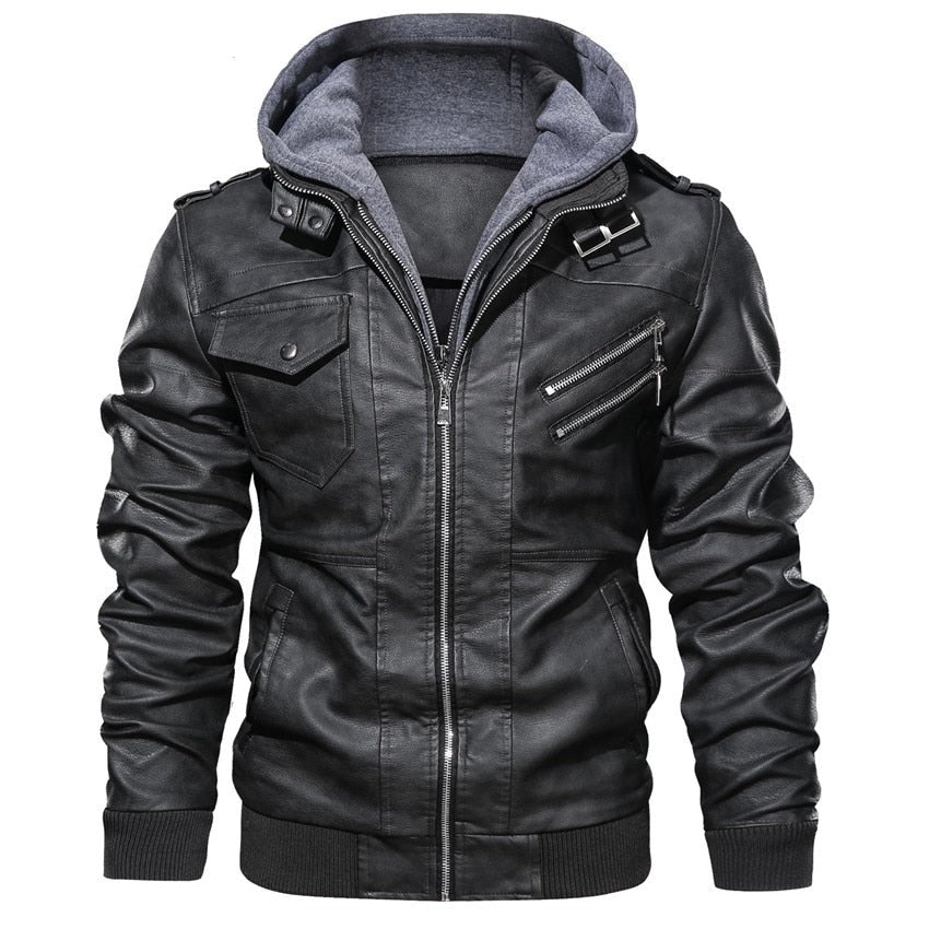 Jaqueta de Couro com Capuz Masculina Casual Motoqueiro